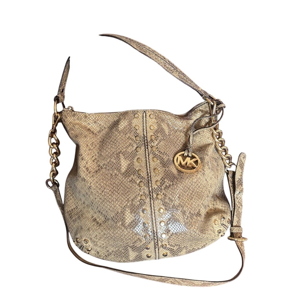 Michael Kors Cream and Gold Snake Skin Print Crossbody Shoulder Bag Chain Strap
